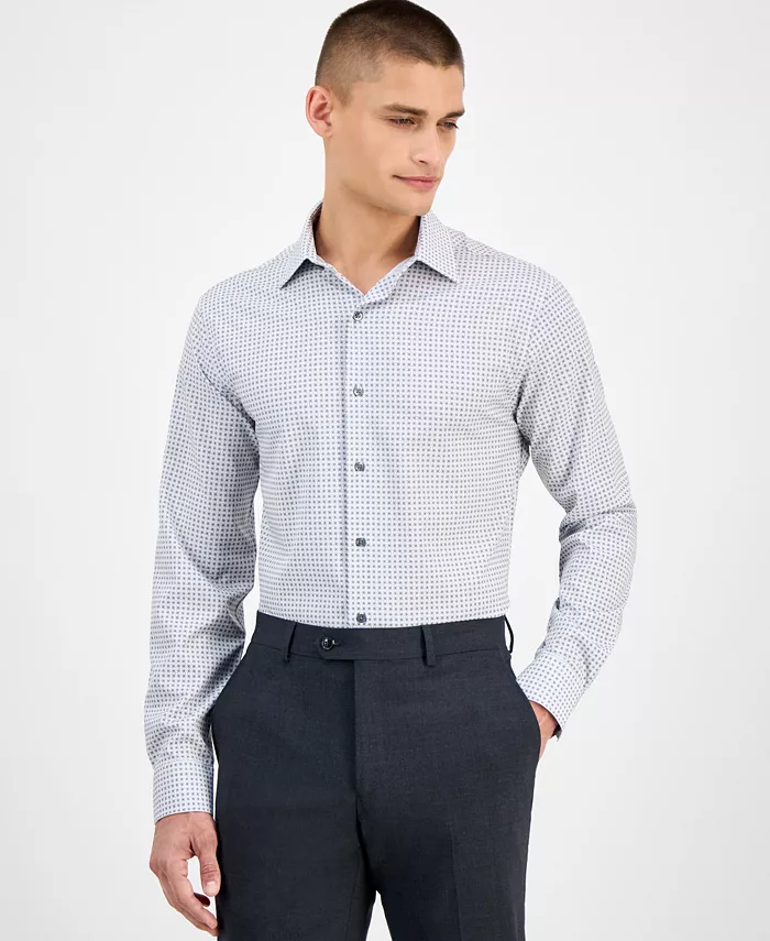 Men's Slim-Fit Long Sleeve Geo Pattern Button-Front Performance Dress Shirt