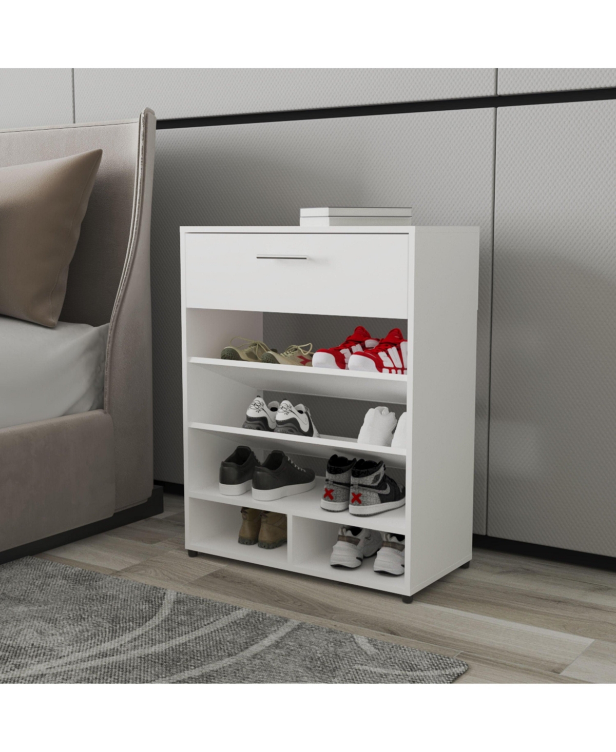 Onawa Modern Shoe Rack with Drawer, White - White