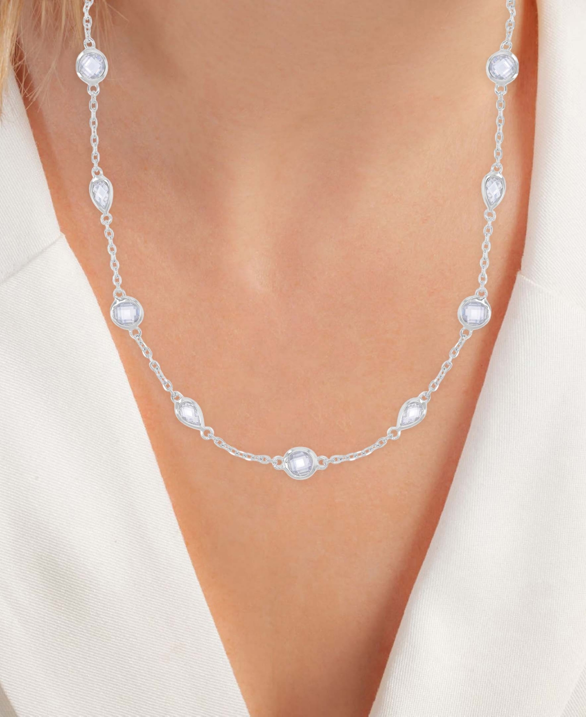 Macy's Cubic Zirconia Bezel Station 18" Collar Necklace In Sterling Silver In Silver