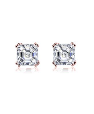 Sterling Silver 18K Rose Gold Plating with Clear Cubic Zirconia Asscher-Cut Stud Earrings