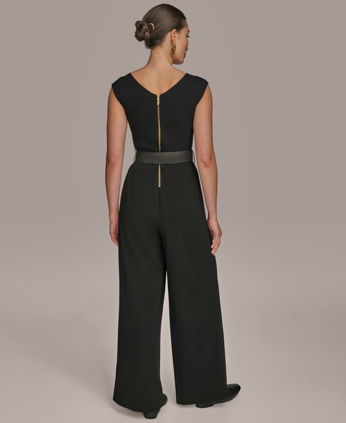 Donna Karan New York Sleeveless Belted Mixed Media Jumpsuit In Black