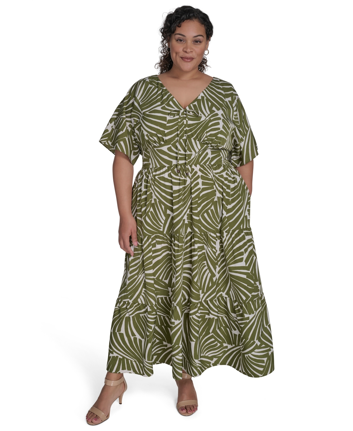 Plus Size Printed V-Neck Maxi Dress - Olive