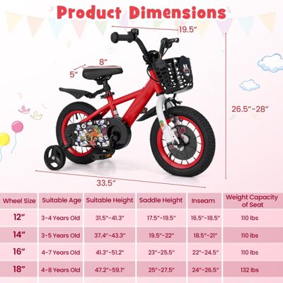 Slickblue Kids Bike Adjustable with Storage Basket and Double Brake for 3-4 Years Old