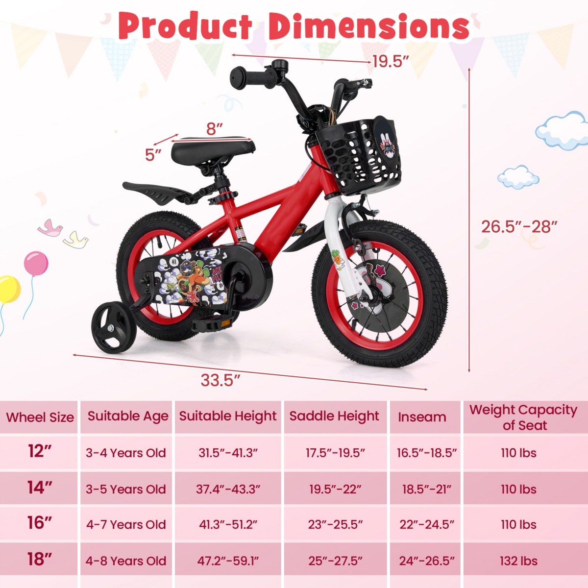 Kids Bike Adjustable with Storage Basket and Double Brake for 3-4 Years Old