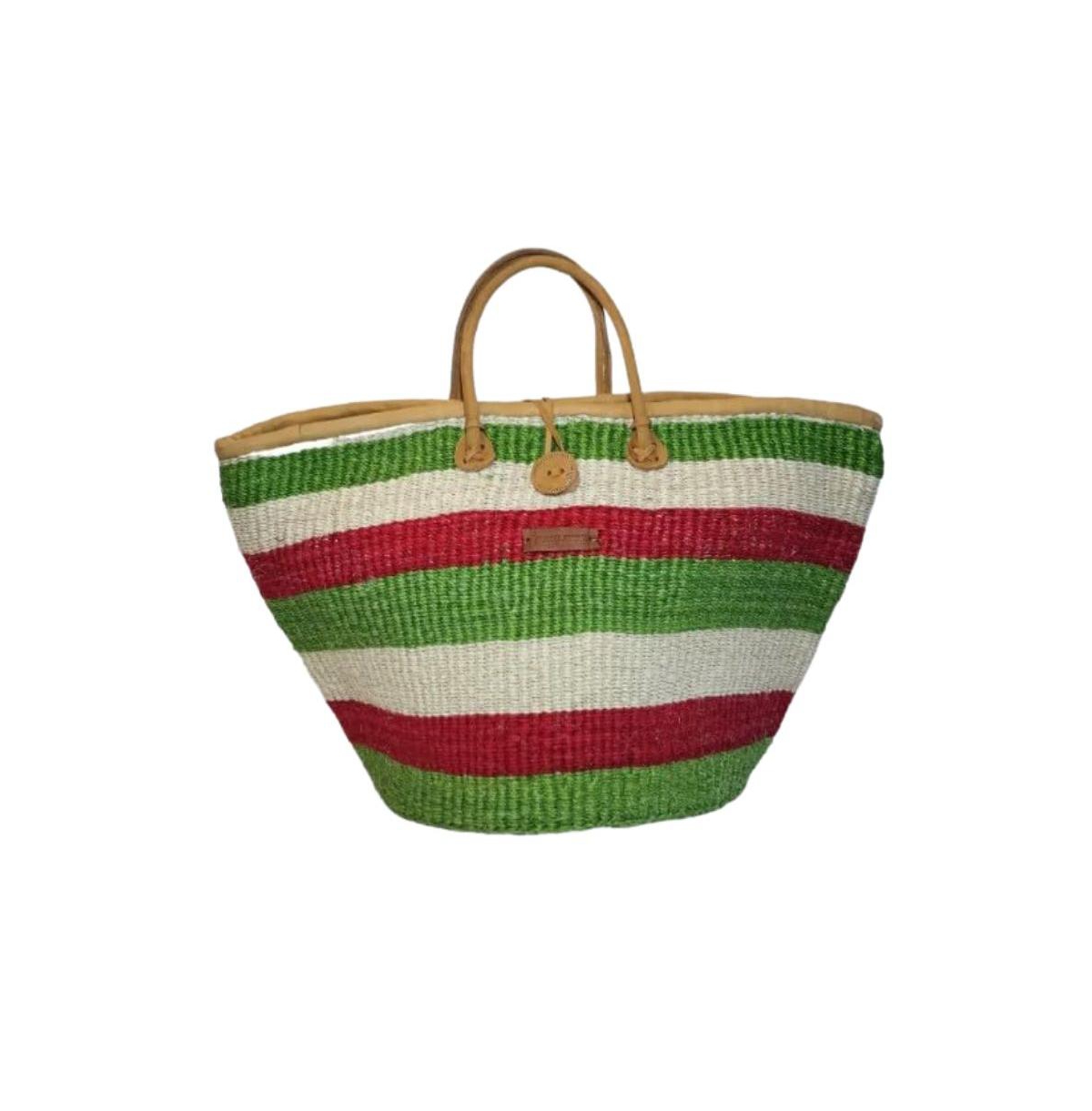 South Handmade Sisal African Basket Tote Bag - Green, red and white
