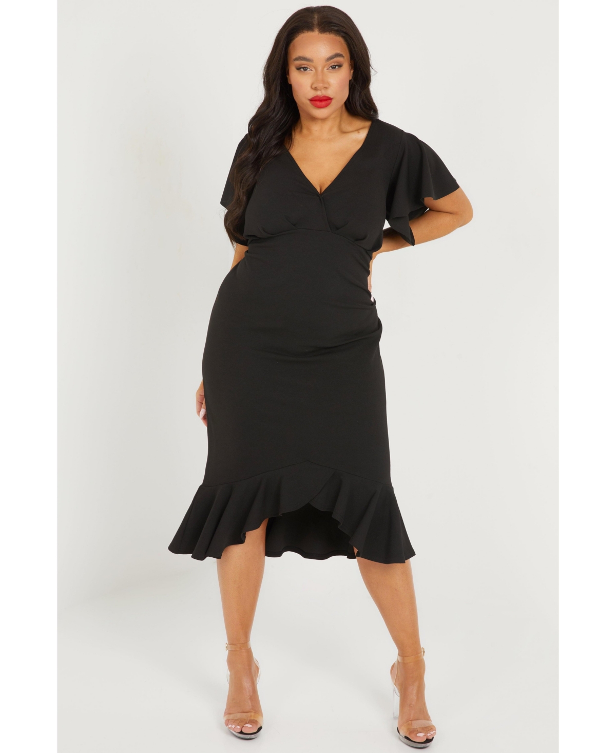 Plus Size Scuba Crepe V Neck Midi Dress - Black