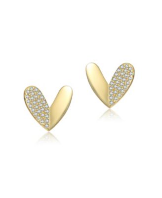 14K Gold Plated with Paved Clear Cubic Zirconia Heart Stud Earrings