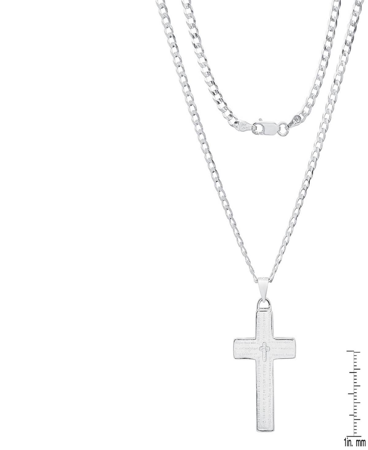 Steeltime Unisex Cuban Superflat Chain And Lord's Prayer Cross Pendant Necklace