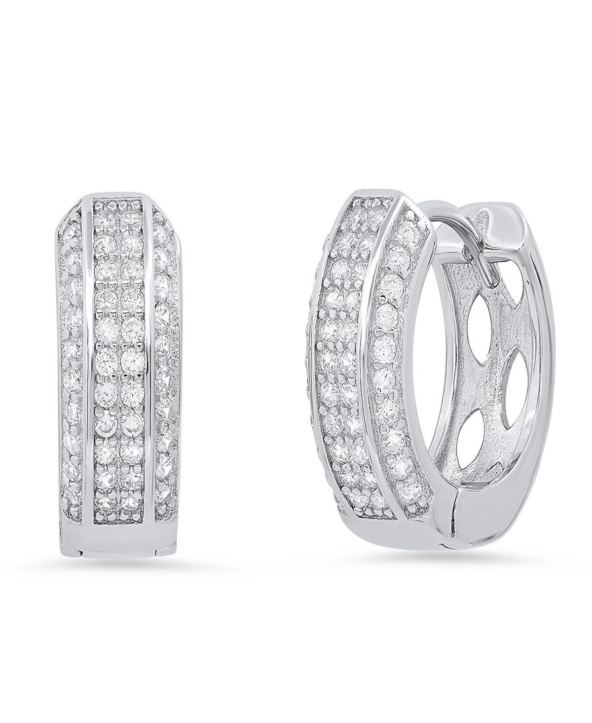 Women's Sterling Silver and Multi-Row Simulated Diamonds Hoop Huggie Earrings - Silver