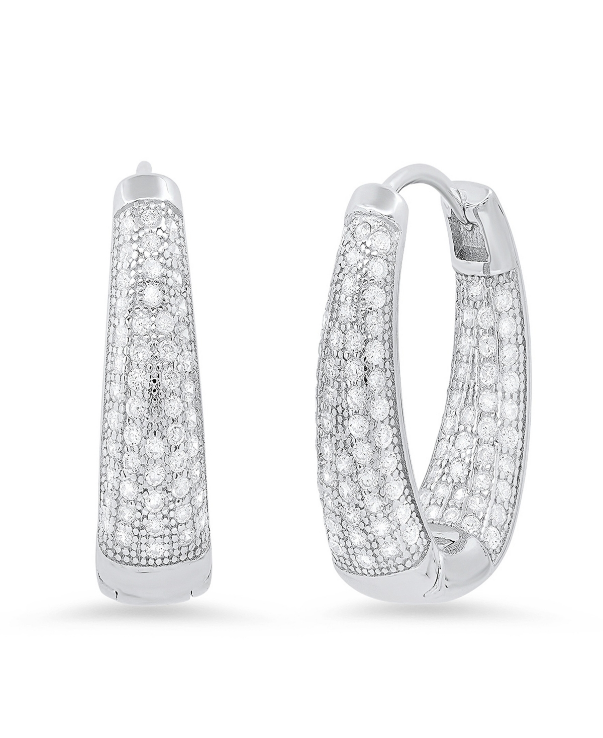 Women's Sterling Silver and Simulated Diamonds Oval Huggie Earrings - Silver