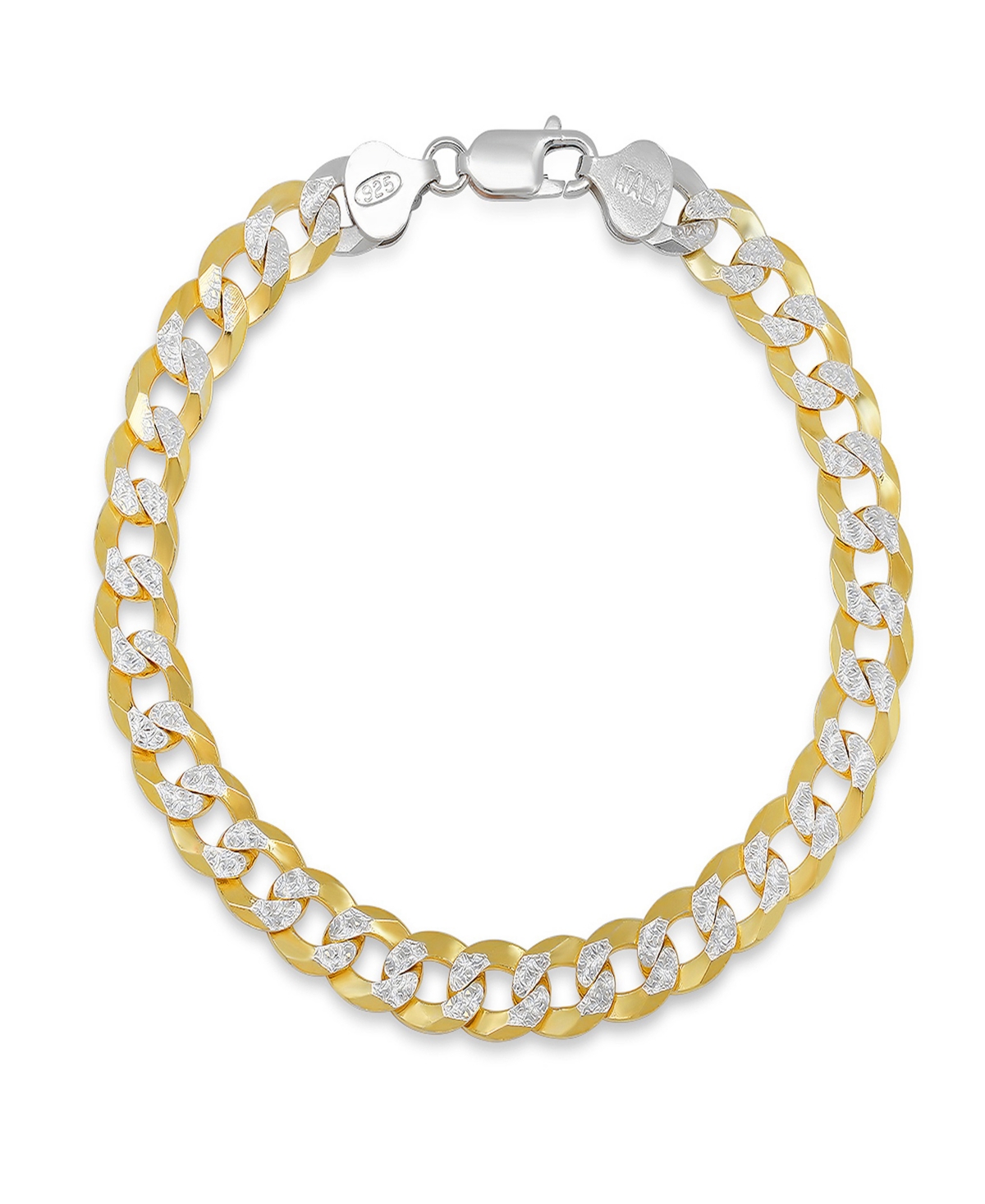 Unisex Two-Tone Sterling Silver and 18K Gold Plated Diamond Cut Curb Link Bracelet - Two Tone