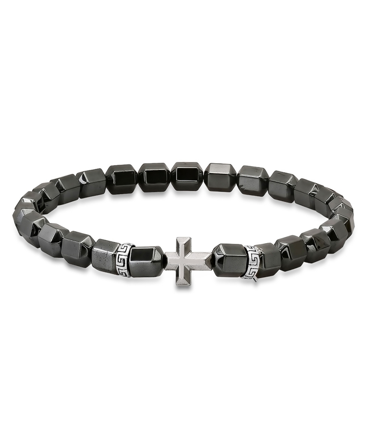 Men's Sterling Silver Cross and Hematite Beaded Stretch Bracelet - Gray