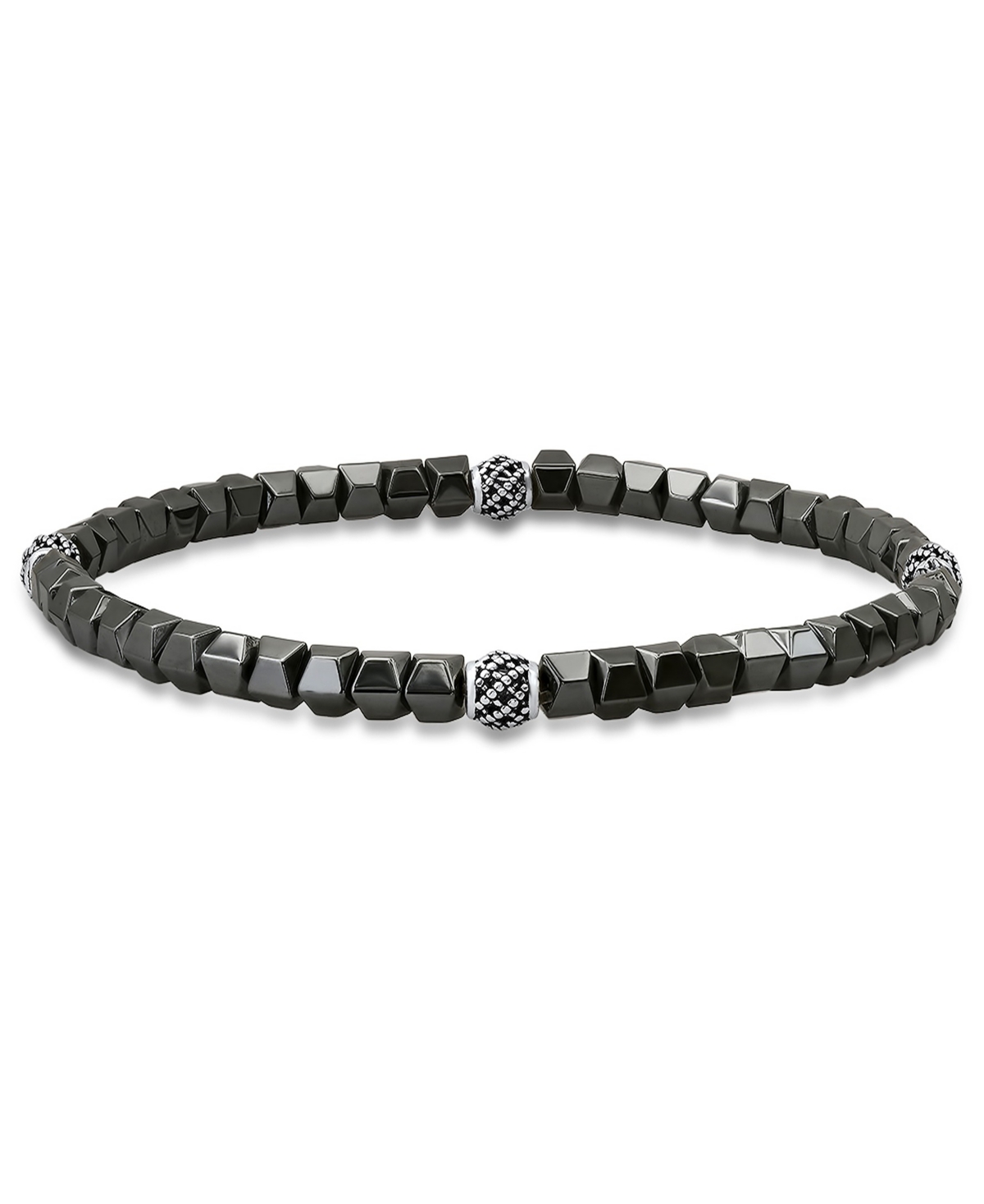 Steeltime Men's Sterling Silver And Hematite Beaded Stretch Bracelet