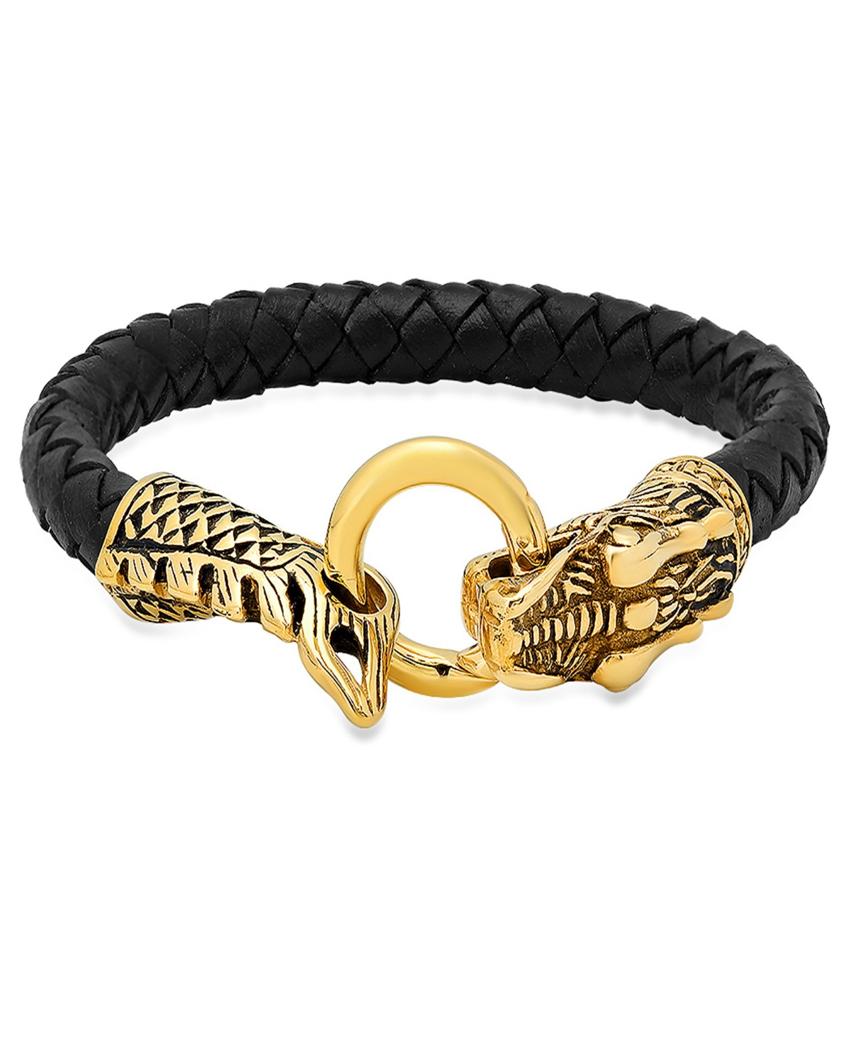 Genuine Leather Bracelet With 18K Gold-Plated Stainless-Steel Dragon Design - Two Tone