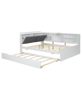 Wood Full Size platform bed with Trundle, Shelves and Storage Headboard