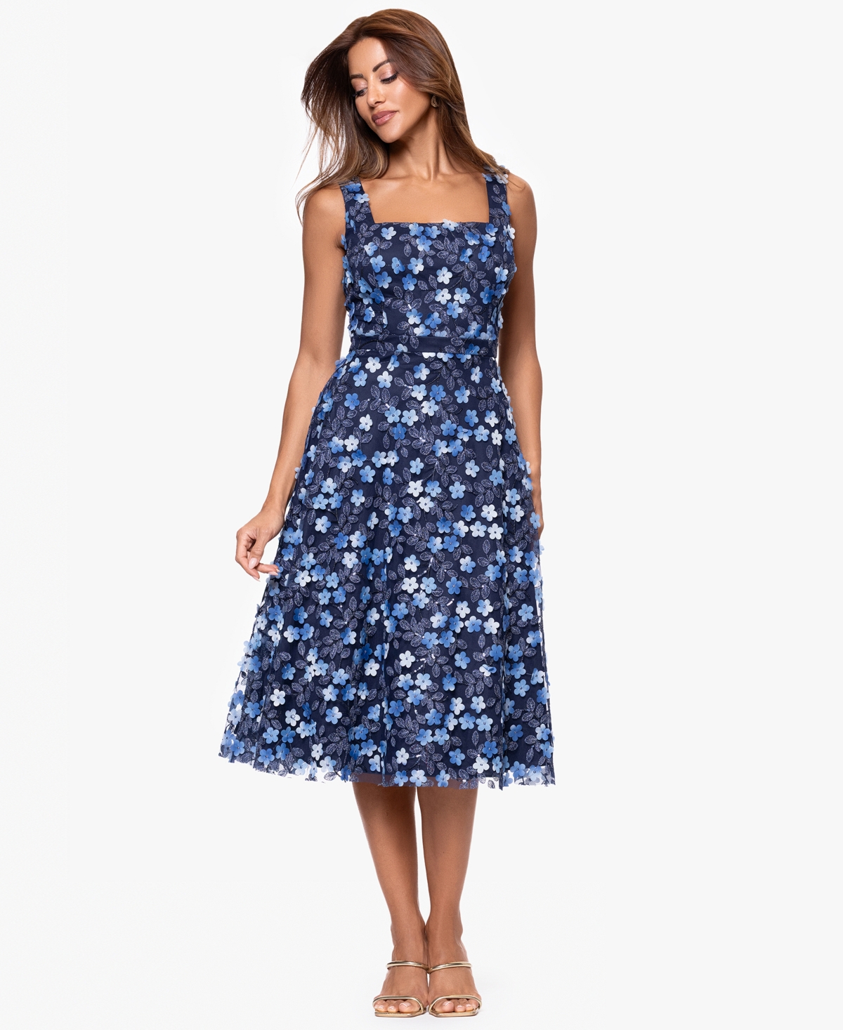 Xscape Women's Printed Square-Neck Sleeveless Dress - Navy Multi