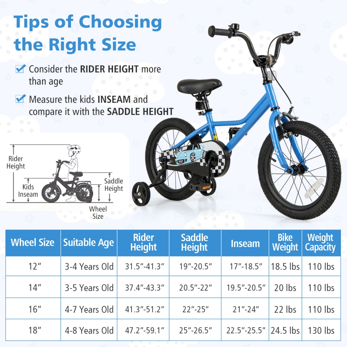 Kids Bike with Removable Training Wheels Adjustable for Growing Riders