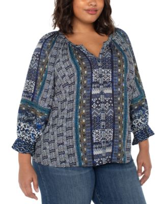 Liverpool Los Angeles - Plus Size Printed V-Neck Button-Front 3/4-Sleeve Blouse