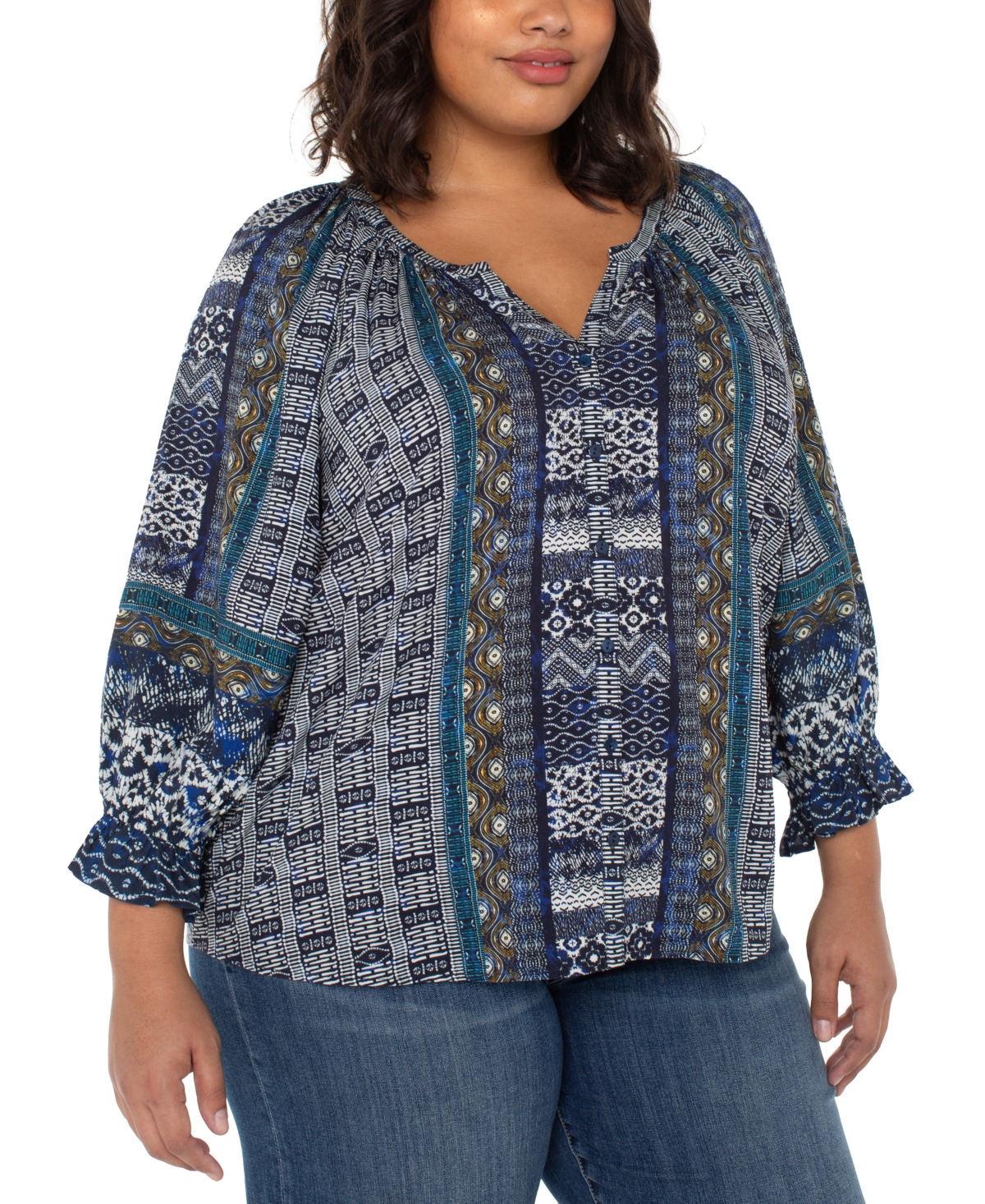 Plus Size Printed V-Neck Button-Front 3/4-Sleeve Blouse - Blue Shibori Multi
