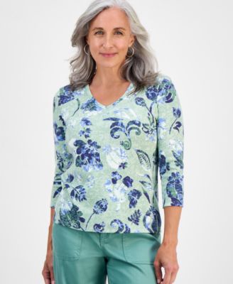 Petite Jungle-Floral 3/4-Sleeve Top, Exclusively at Macy's 