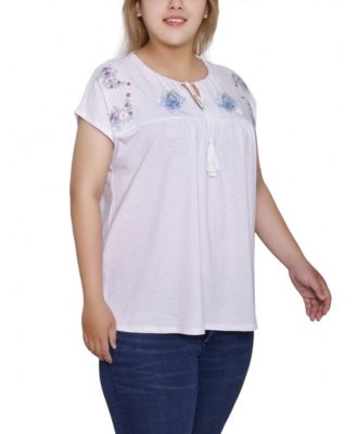 Plus Size Embroidered Yoke Extended Sleeve Top