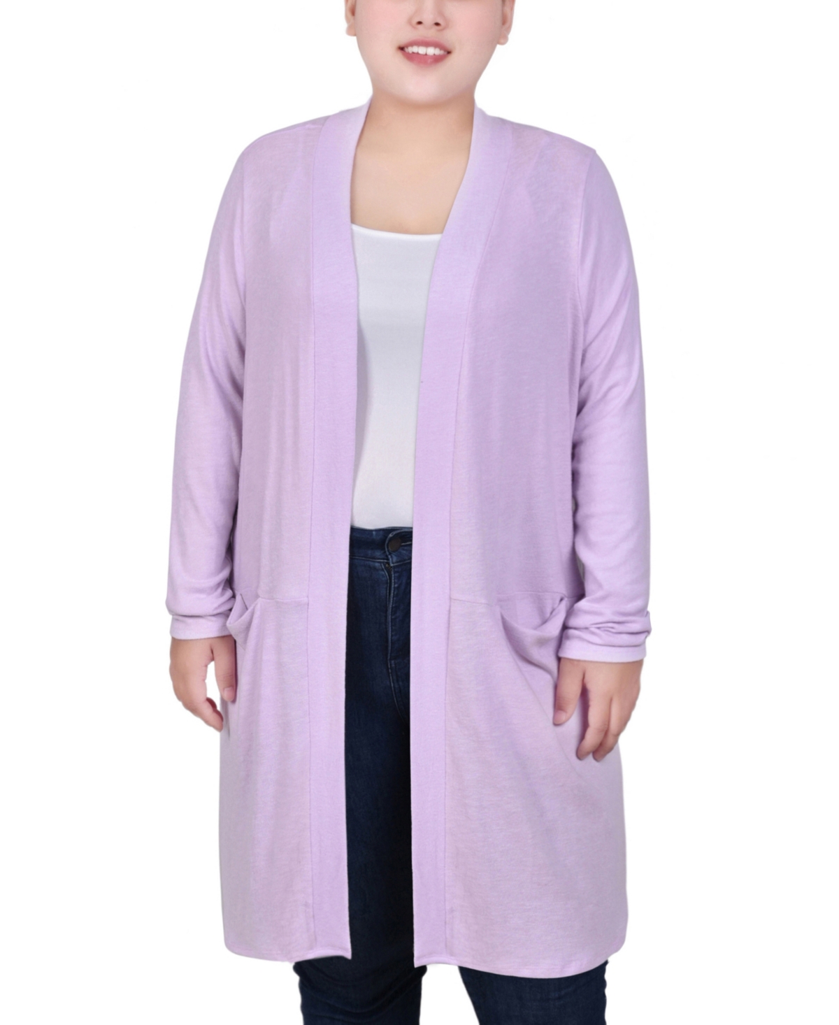 Plus Size Long Sleeve Knee Length Cardigan Sweater - Lavender