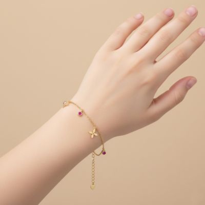 14K Gold Plated with Red Cubic Zirconia and Floral Charm Bracelet