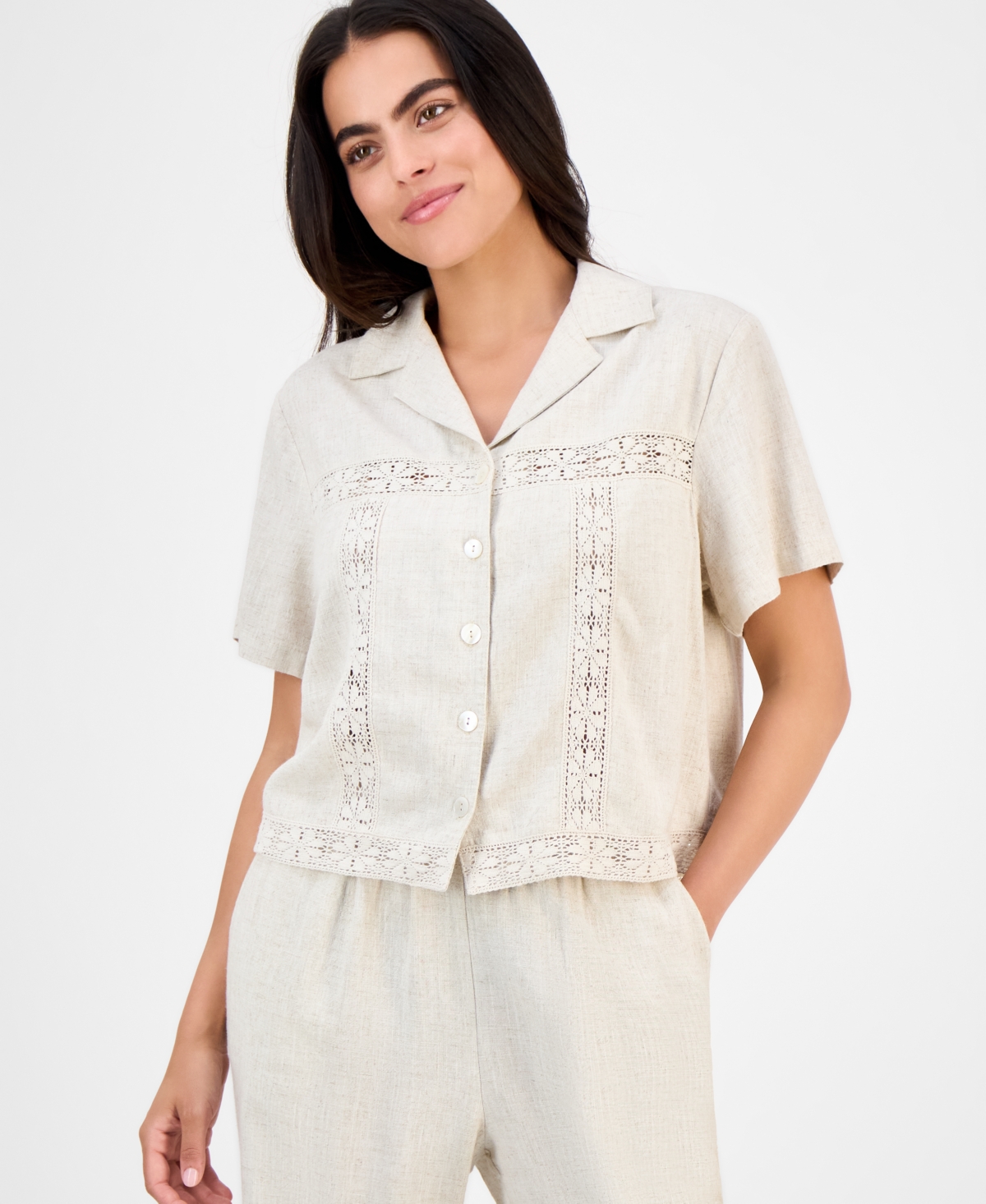 Petite Linen-Blend Camp Shirt, Exclusively at Macy's - Tan