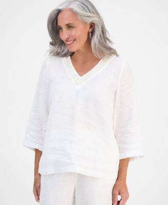 Charter Club - Petite Embellished V-Neck 3/4-Sleeve Linen Top, Exclusively at Macy's