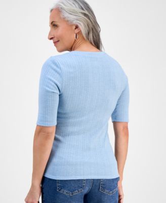 Petite Pointelle Elbow-Sleeve Henley Knit Top, Exclusively at Macy's 