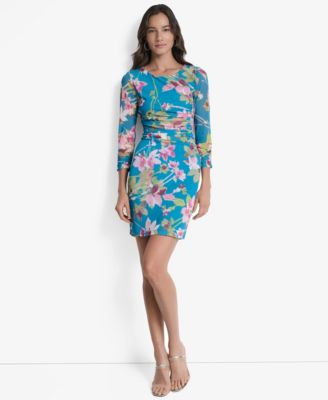 DKNY - Petites Printed Ruched 3/4-Sleeve Bodycon Dress