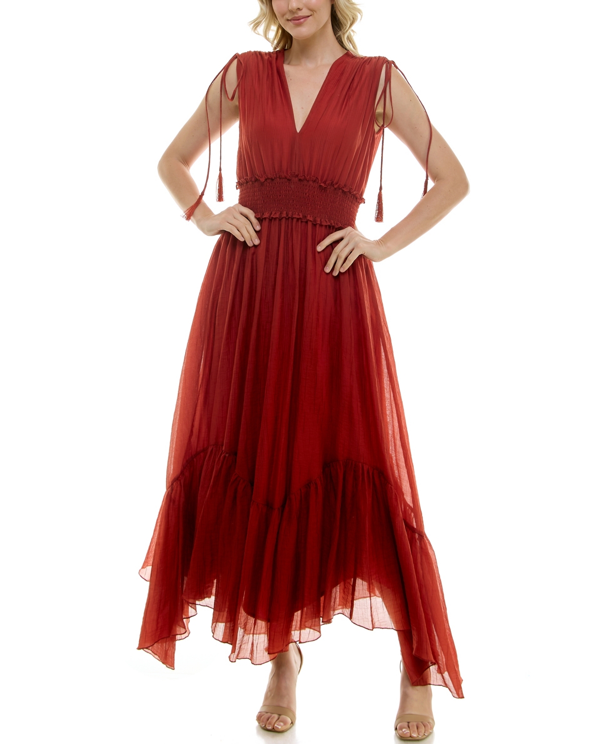 Women's V-Neck Handkerchief-Hem Dress - Amber