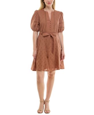 Petite Split-Neck Puff-Sleeve Fit & Flare Dress