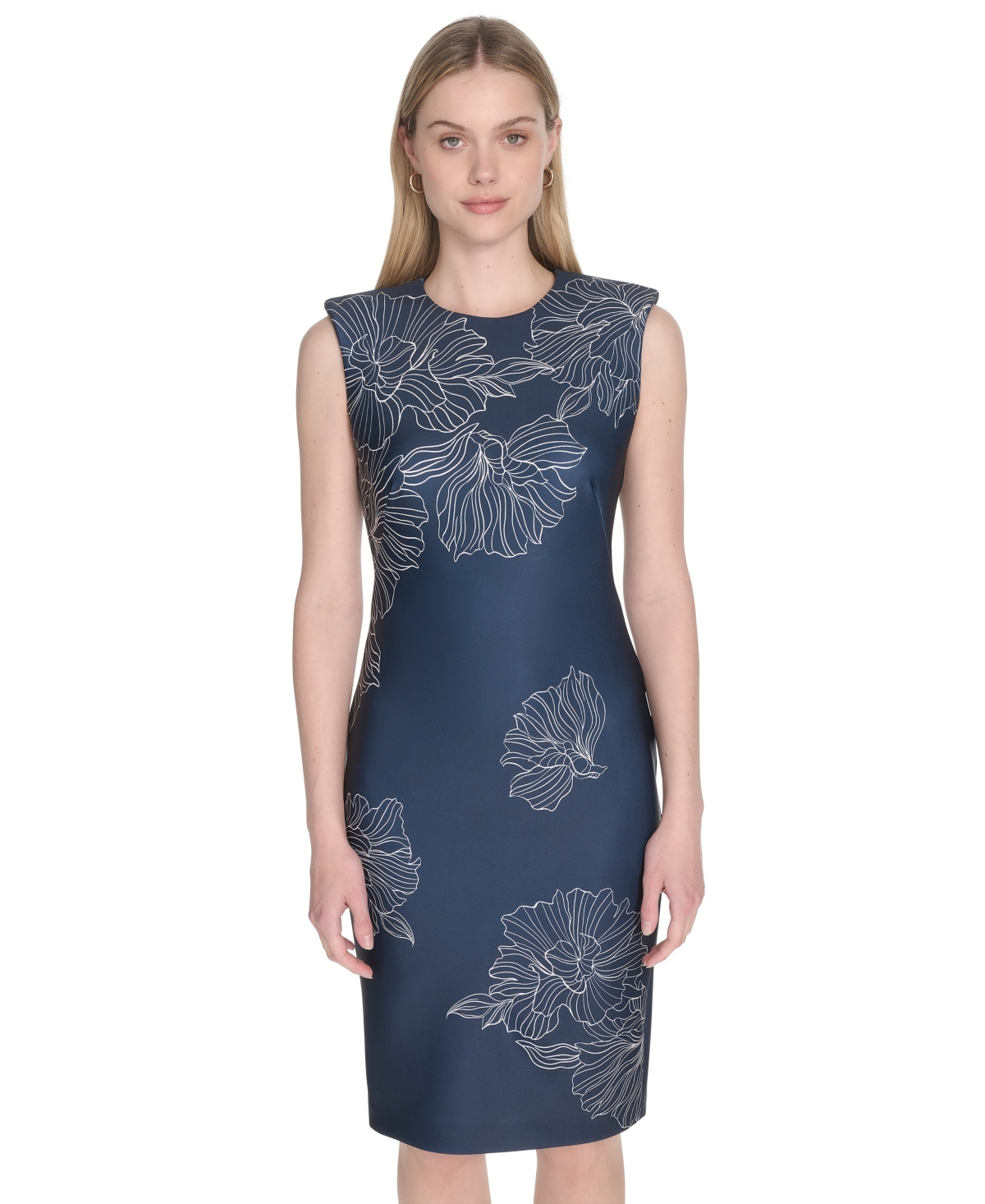 Calvin Klein Petite Sleeveless Scuba Sheath Dress In Blue