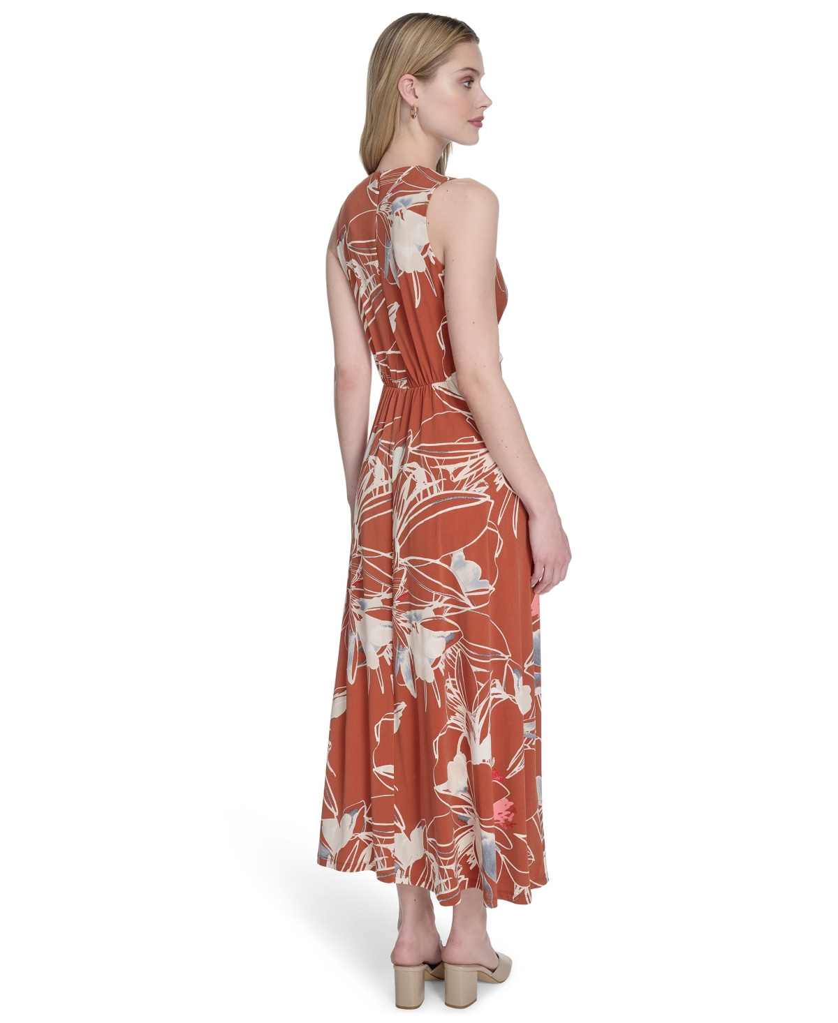 Calvin Klein Petite Sleeveless V-neck A-line Dress In Brown
