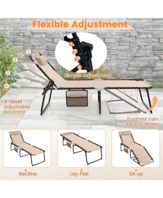 2 PCS Patio Folding Chaise Lounge Portable Lay Flat Reclining Chair w/ 4-Level Backrest Side Pocket