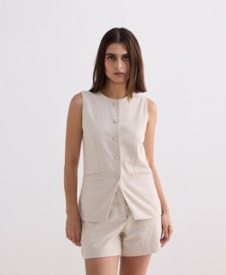 Women's Cotton Tweed Vest Jacket Set in Cream