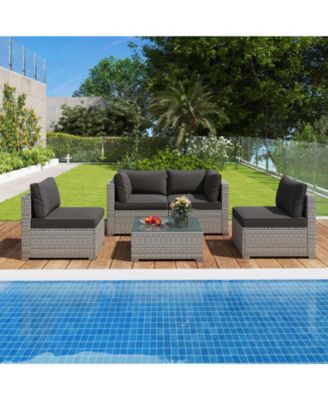 5-Piece Outdoor Patio Sectional Sofa Couch and Glass Coffee Table with Cushions