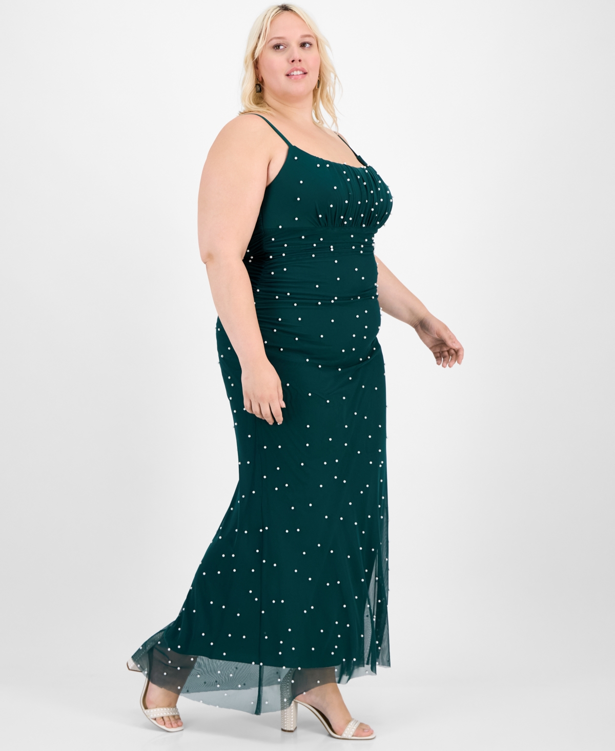 B Darlin Trendy Plus Size Emma Faux-pearl Beaded Gown In Green