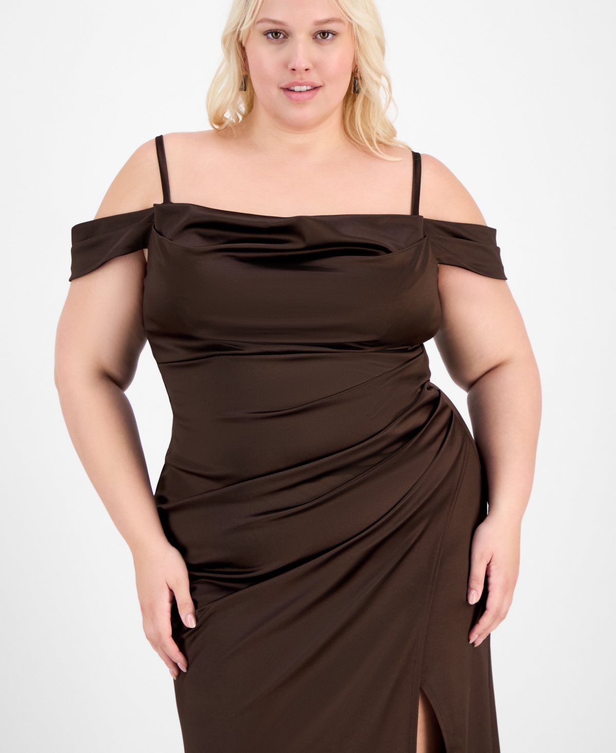 B Darlin Trendy Plus Size Off-the-shoulder Satin Gown In Brown