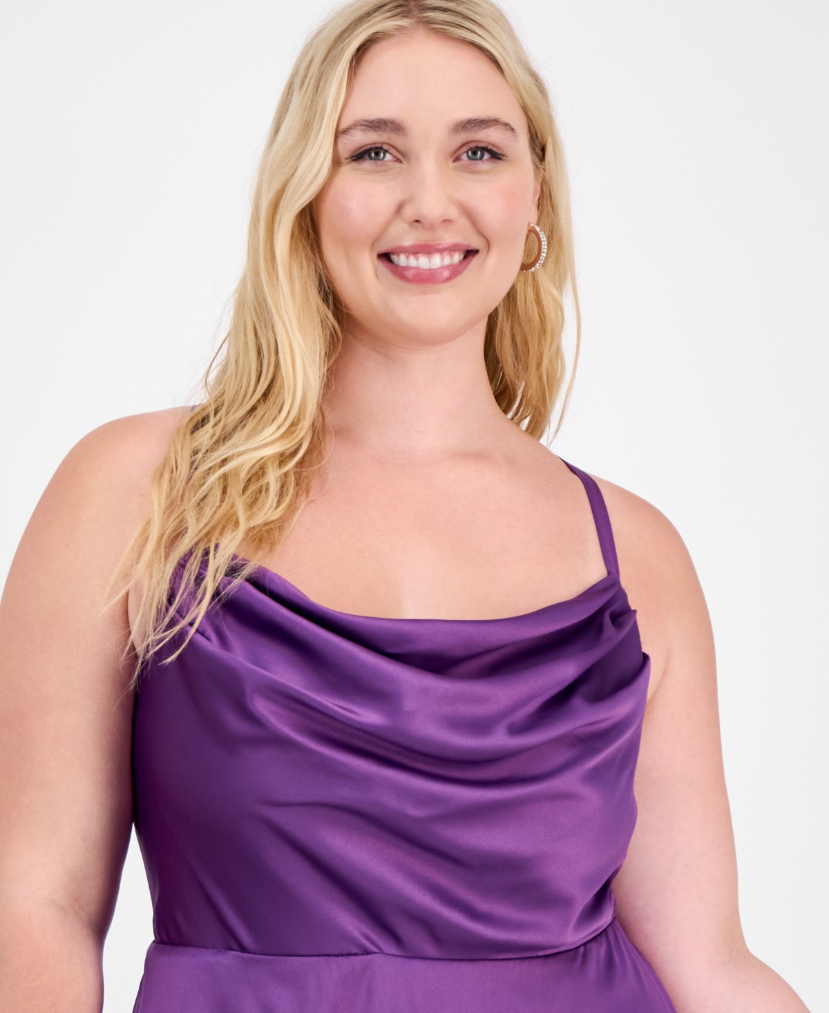 City Studios Trendy Plus Size Cowl-neck Tiered Satin Gown In Purple