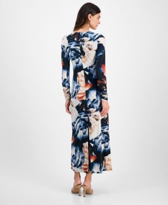 Juniors' Long-Sleeve Floral-Print Ruched-Front Dress