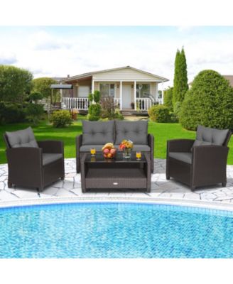 4 Pieces Patio Rattan Conversation Furniture Set with Glass Top Coffee Table