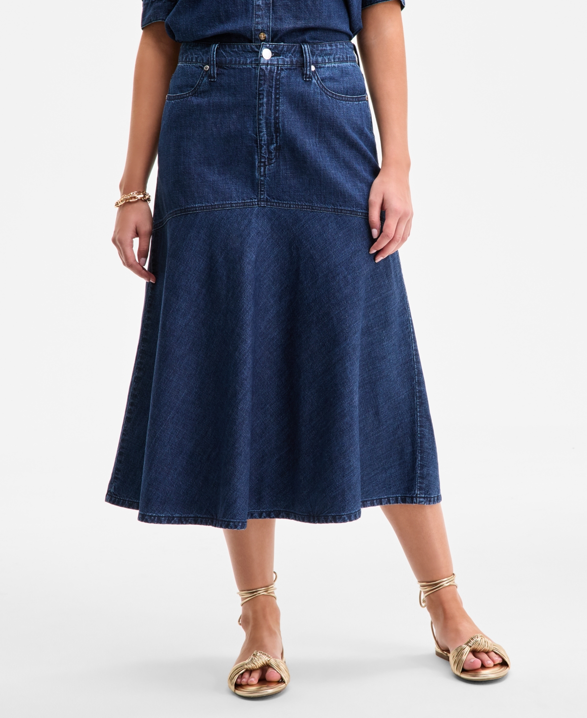 On 34th Womens Cotton Denim Puff Sleeve Shirt Denim Flared Midi Skirt Exclusively At Macys In Blue