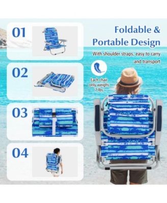 Foldable Backpack Beach Chair with Cup Holder and Storage Pockets Set of 2