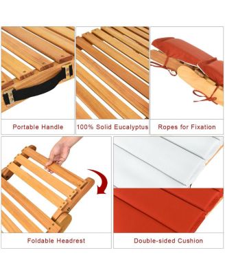Outdoor Folding Chaise Eucalyptus Lounge Chair w/ Double-sided Cushion