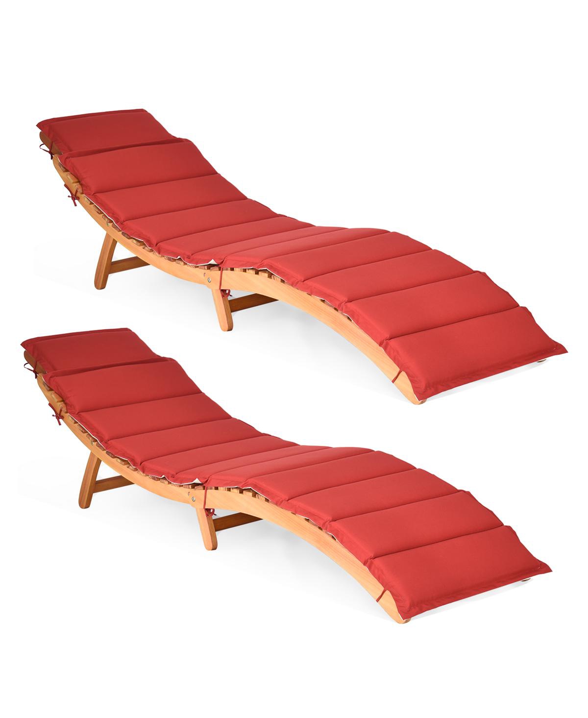 2PCS Outdoor Folding Chaise Eucalyptus Lounge Chair w/ Double-sided Cushion - Brown