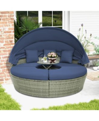 Outdoor PE Wicker Round Daybed with Retractable Canopy and Cushions