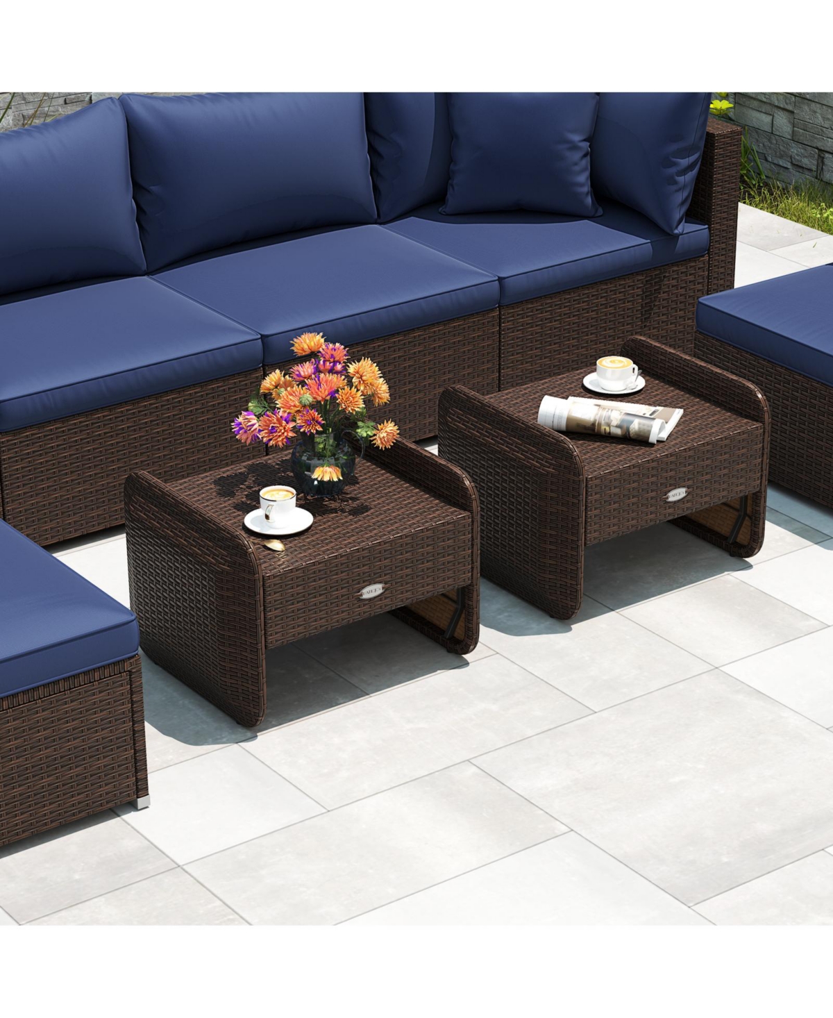 2-Piece Outdoor Pe Wicker Ottomans with Removable Cushions for Patio or Garden
