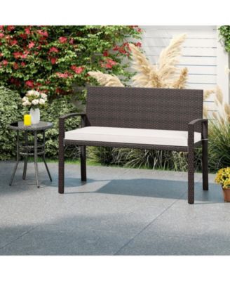 Wicker 2-Seat Bench with Soft Seat Cushion and Metal Frame